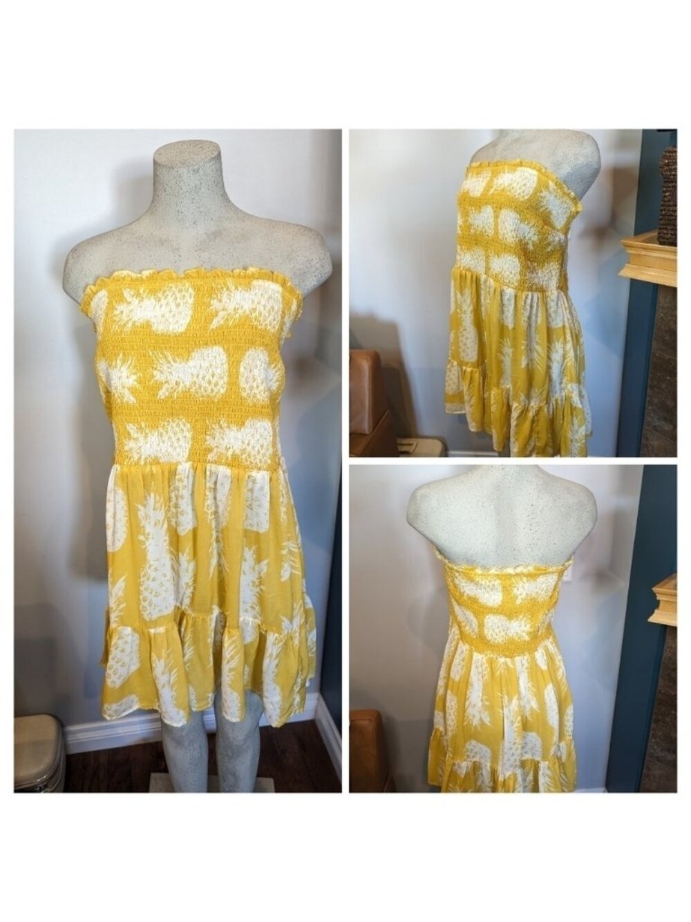 Anthropologie Yellow & White Mini Dress, Pineapple Print removable Straps sz 1x - Picture 16 of 16